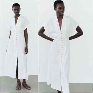 ZARA White Buttoned V-Neck Sundress XSMALL linen blend